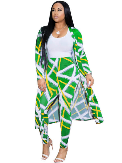 2 Pieces Stripe Print Cardigan Cover-Up+Pants