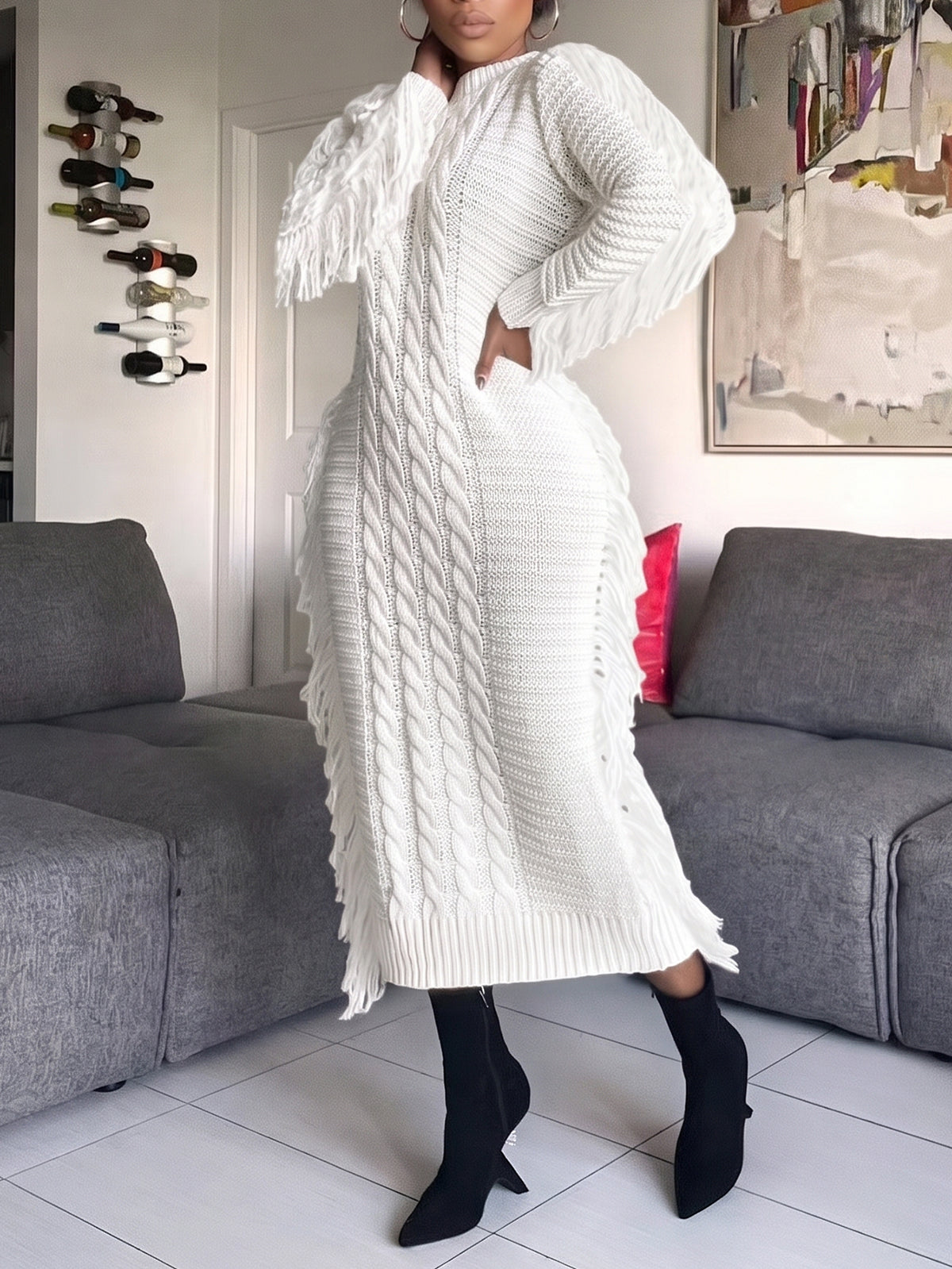Knit Tassel Hem Sweater Dress