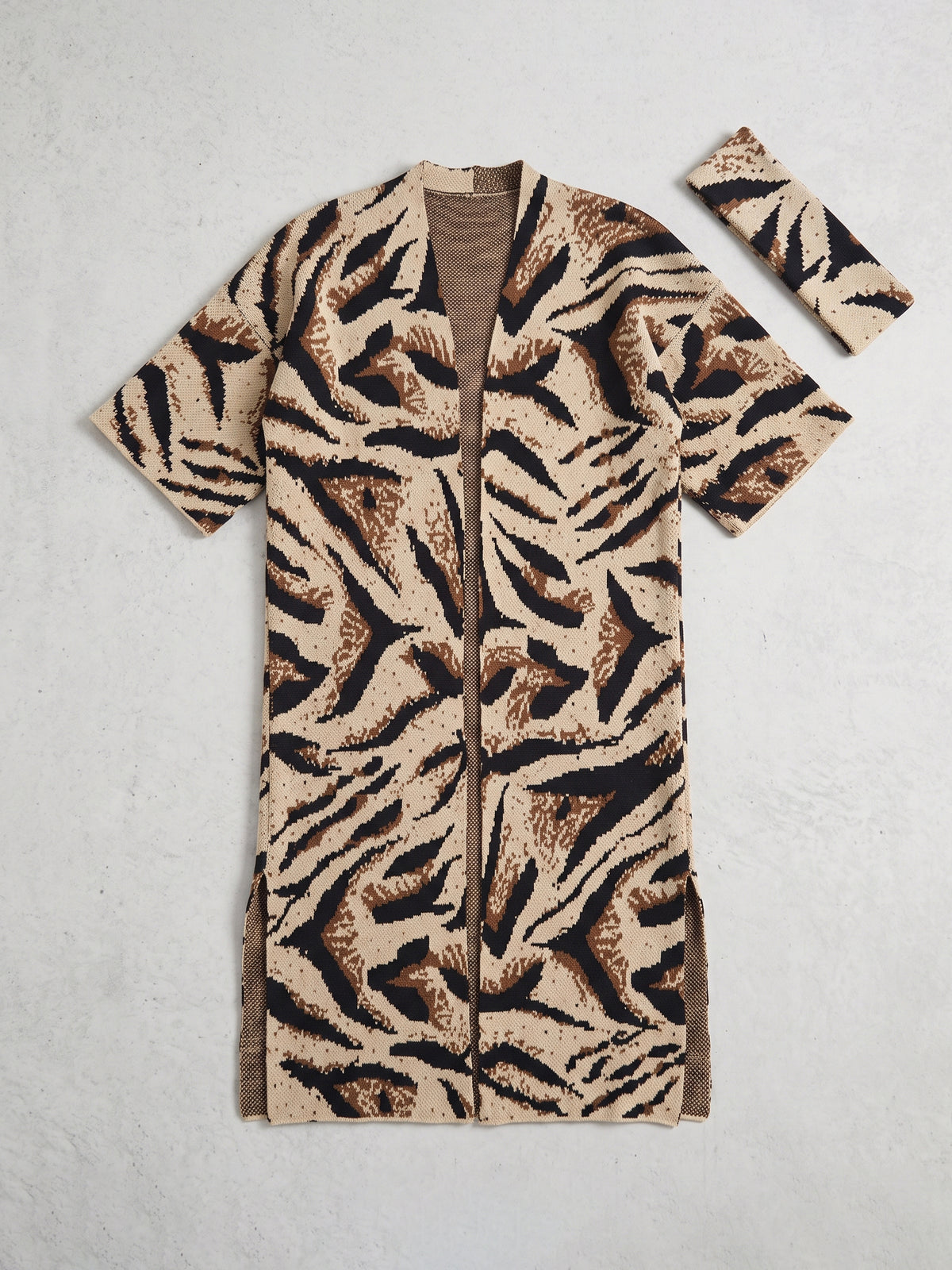 Leopard Knit Long Cardigan With Headscarf