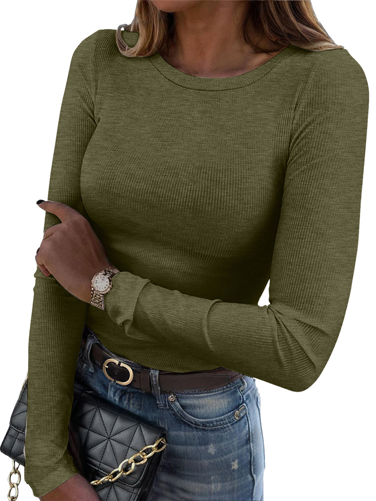 Ribbed Long Sleeve Crew Neck T Shirt