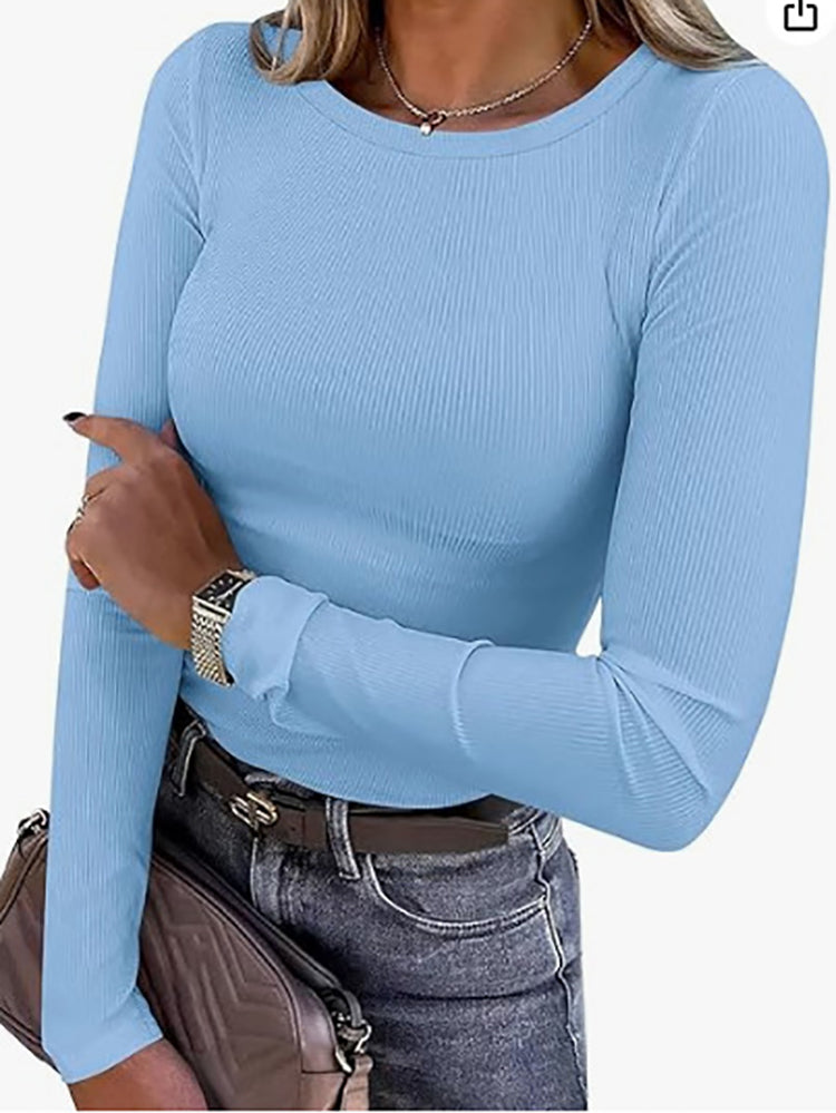 Ribbed Long Sleeve Crew Neck T Shirt