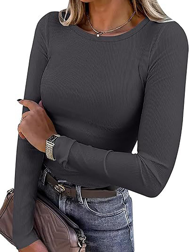 Ribbed Long Sleeve Crew Neck T Shirt