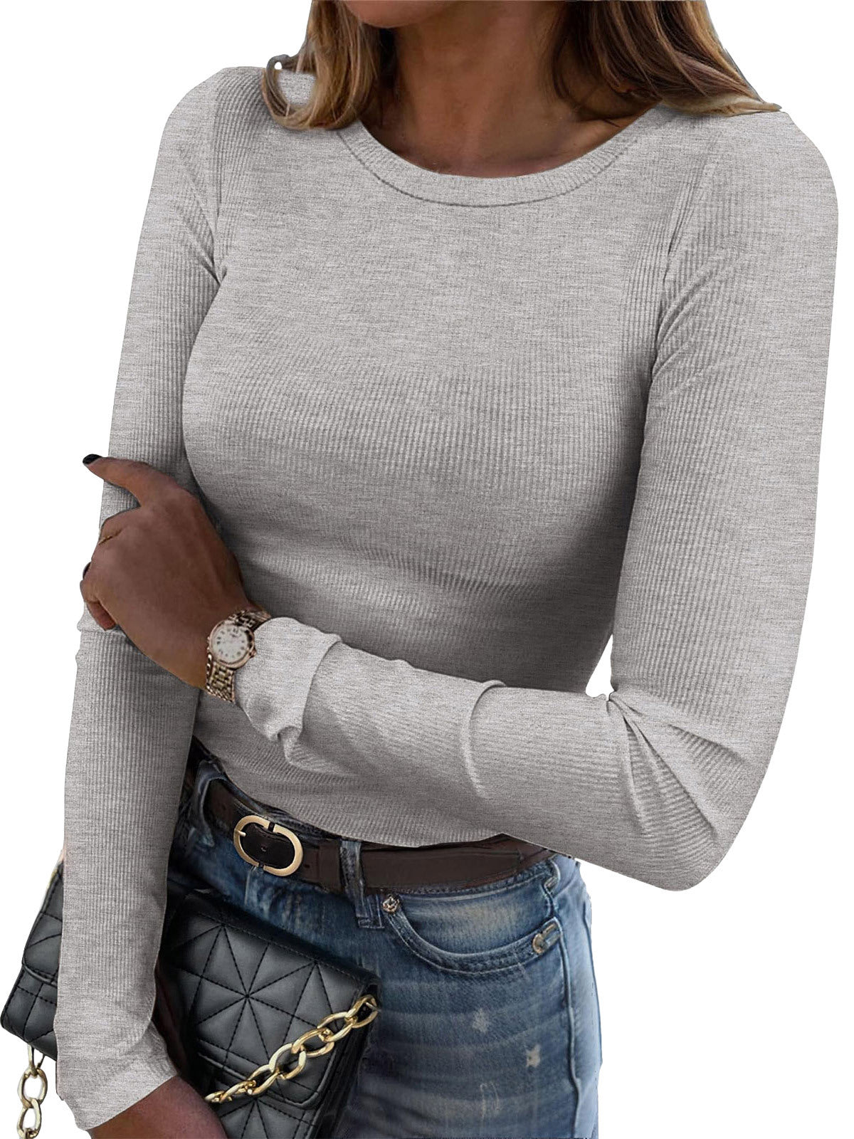 Ribbed Long Sleeve Crew Neck T Shirt