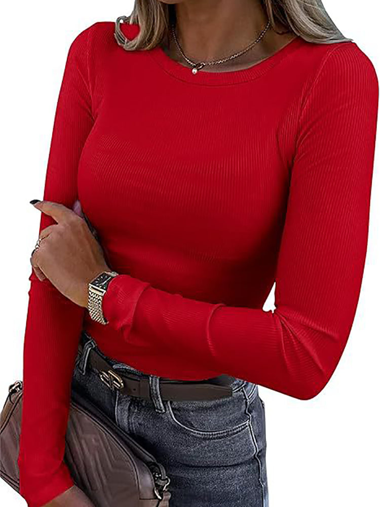 Ribbed Long Sleeve Crew Neck T Shirt