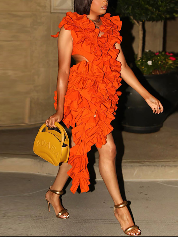 Sleeveless Crimping Backless Asymmetrical Mini Dress