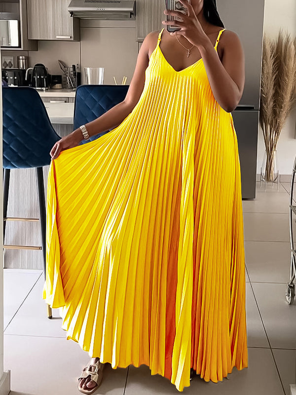 Solid Color Loose Strap Beach Pleated Dresses