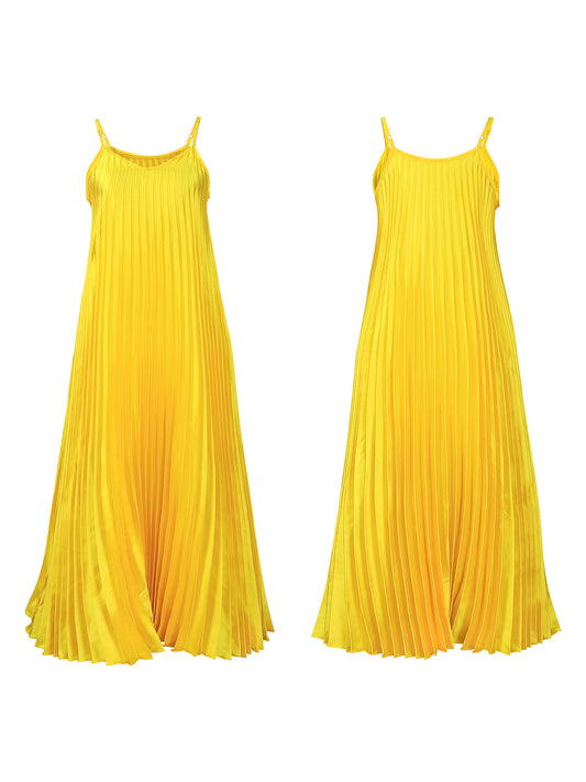 Solid Color Loose Strap Beach Pleated Dress