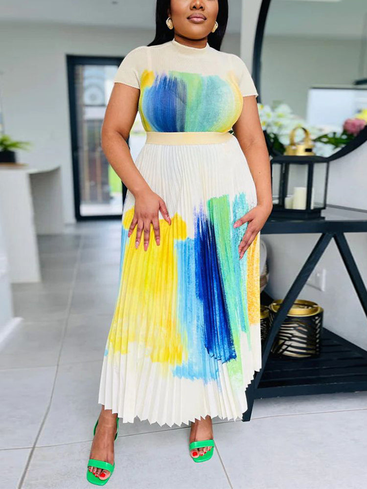 Short Sleeve Floral Print Pleated Skrit Suit