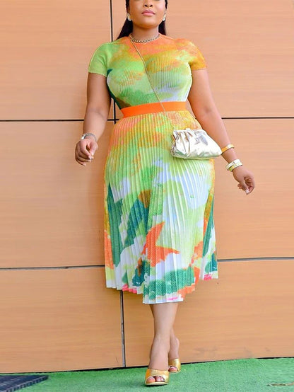 Short Sleeve Floral Print Pleated Skrit Suit