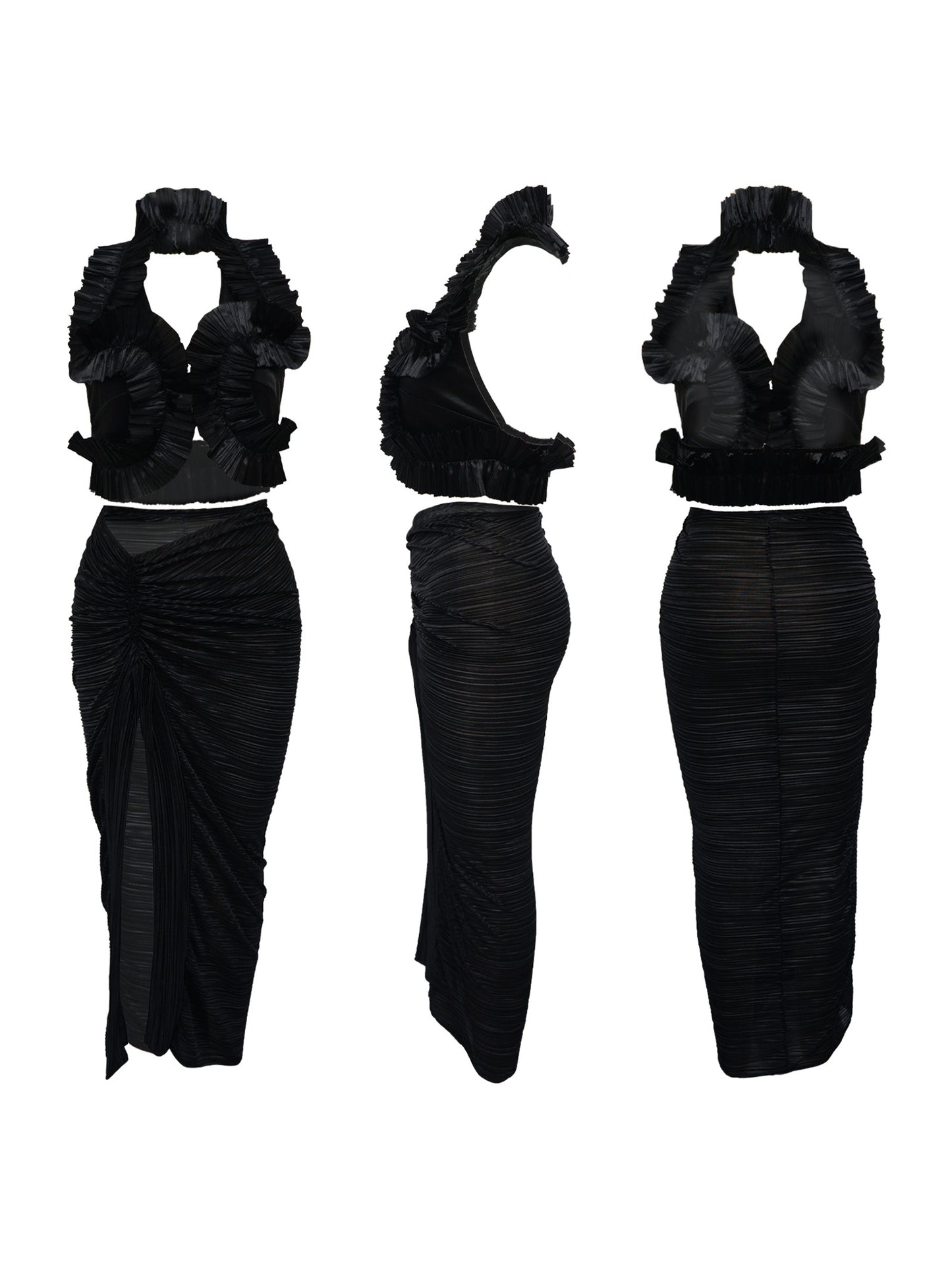 Ruffle Hem Top Ruched Slit Skirt Set