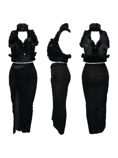 Ruffle Hem Top Ruched Slit Skirt Set