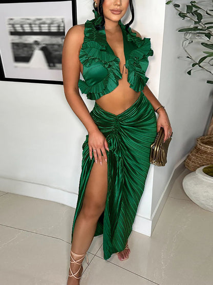Ruffle Hem Top Ruched Slit Skirt Set