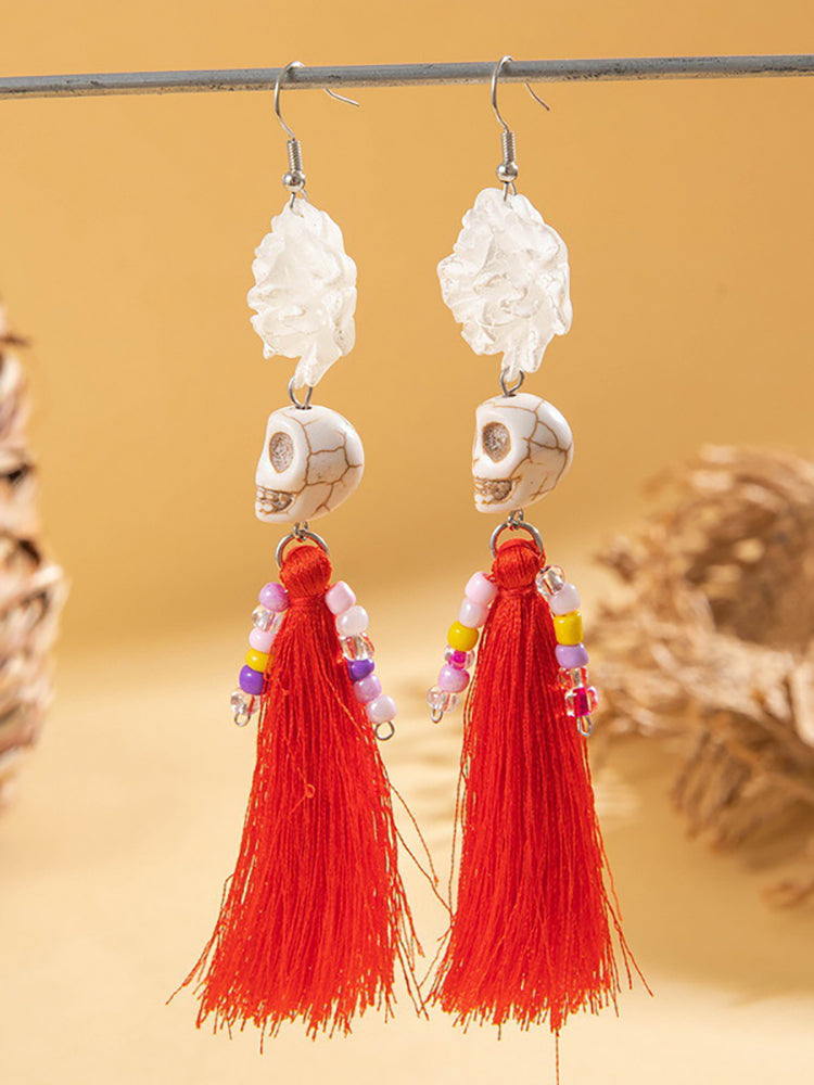 Halloween Skull Tassel Beaded Earrings