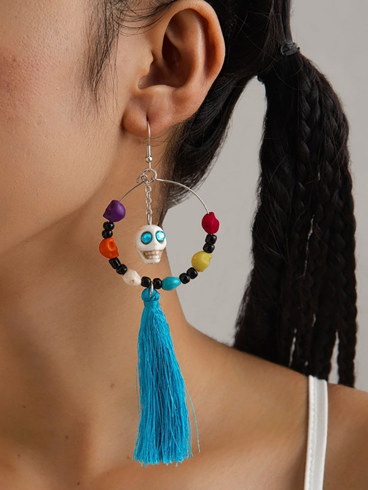 Halloween Skull Tassel Beaded Earrings