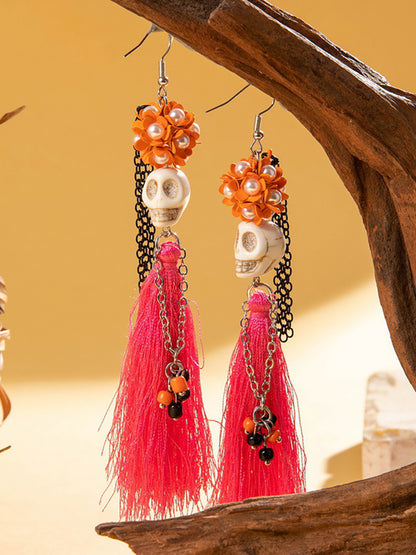 Halloween Skull Tassel Beaded Earrings