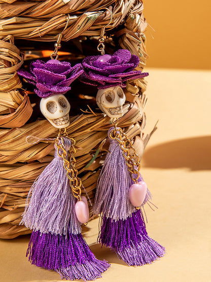 Halloween Skull Tassel Beaded Earrings