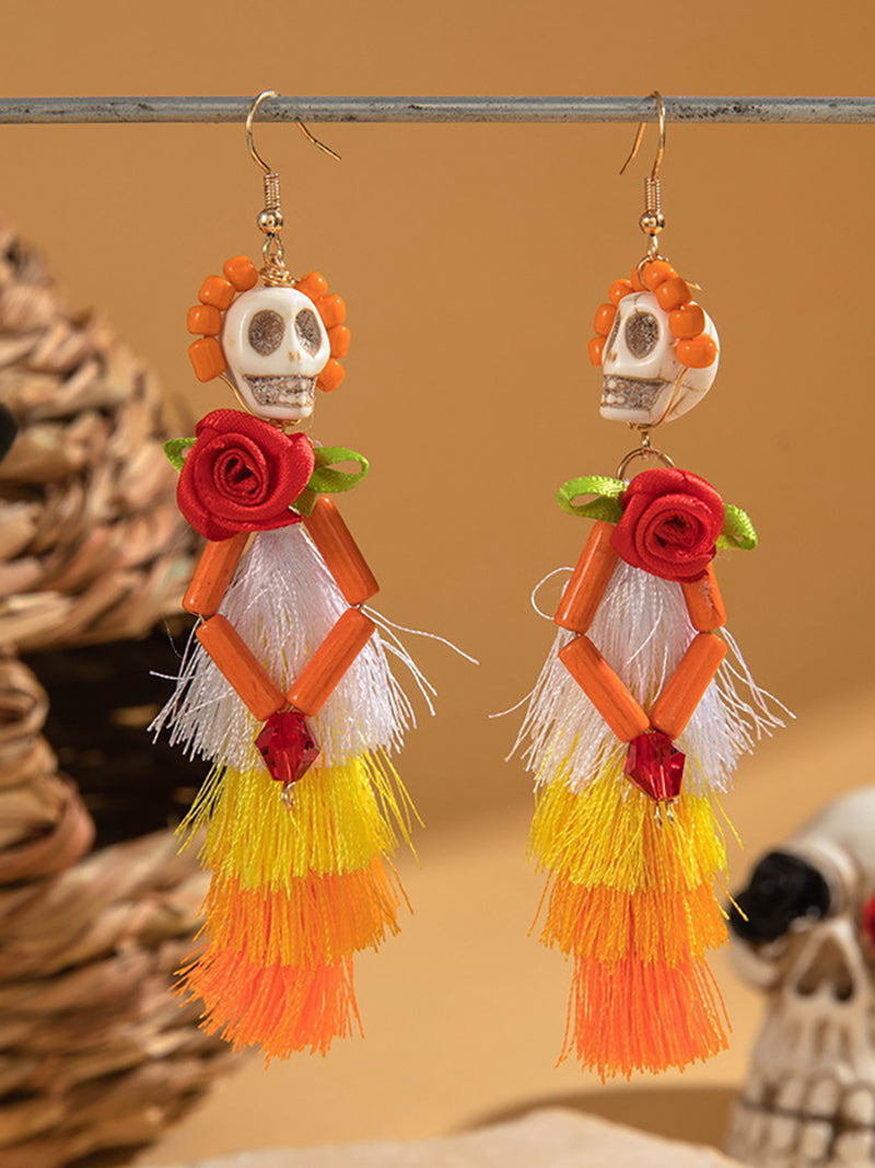 Halloween Skull Tassel Beaded Earrings