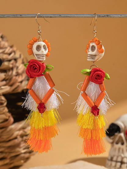 Halloween Skull Tassel Beaded Earrings