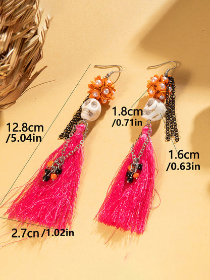 Halloween Skull Tassel Beaded Earrings