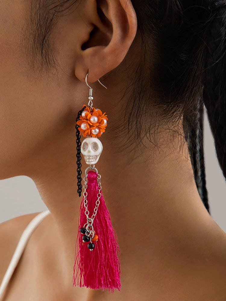 Halloween Skull Tassel Beaded Earrings