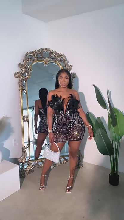 Feather Rhinestone Strapless Mini Dress