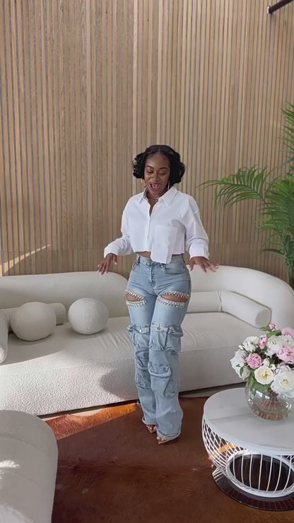 Hollow Rhinestone Multiple Pockets Denim Jeans