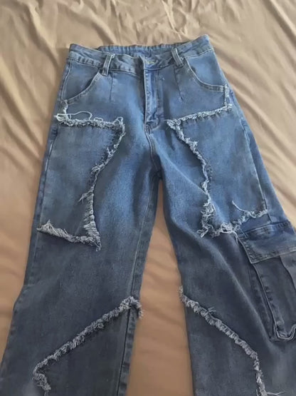 Star Fringe Raw Hem Loose Straight Leg Jeans