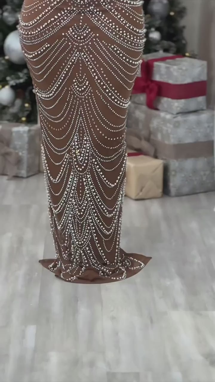 Strappy Rhinestone Mesh Maxi Dress
