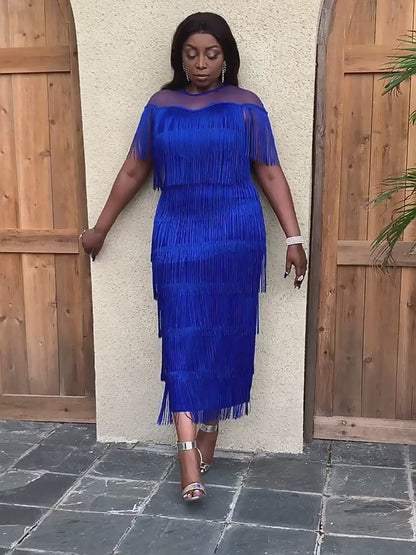 Plus Size Mesh Side Slit Tassel Fringe Dress