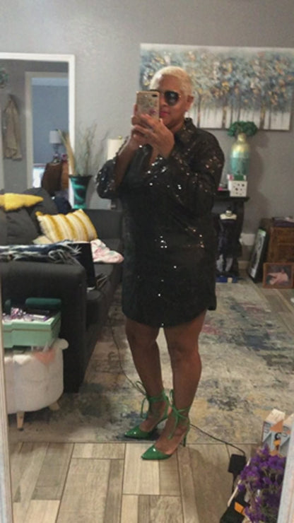 Sequins Long Sleeve Shirts Mini Dress