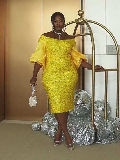 Off-Shoulder Puff Sleeves Sequin Midi Dress