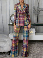 Plaid Long Sleeve Blazer Pants Suit