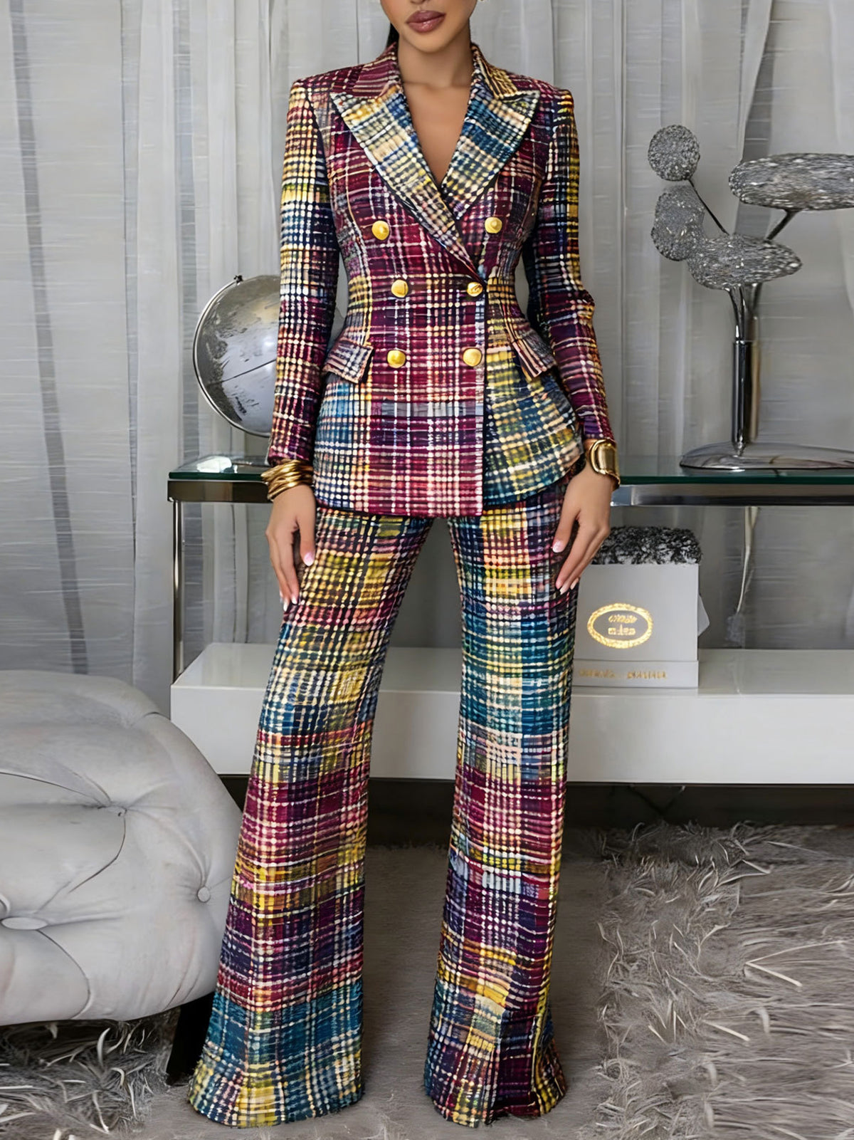 Plaid Long Sleeve Blazer Pants Suit