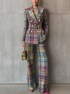 Plaid Long Sleeve Blazer Pants Suit