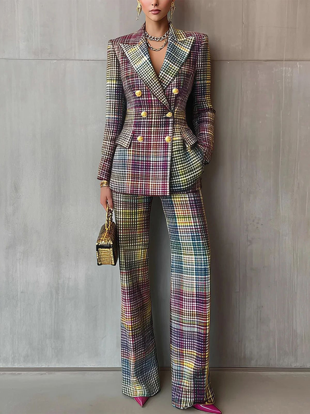 Plaid Long Sleeve Blazer Pants Suit