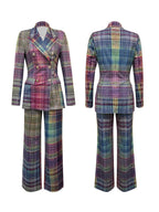Plaid Long Sleeve Blazer Pants Suit