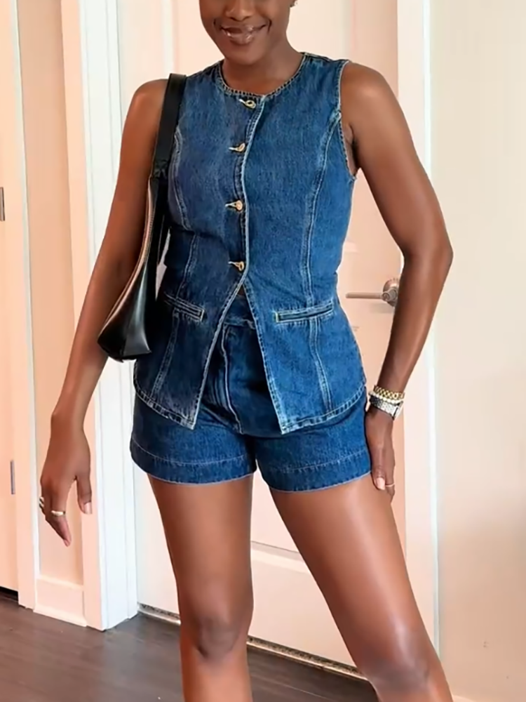 Two Piece Blazer Vest Denim Short Sets
