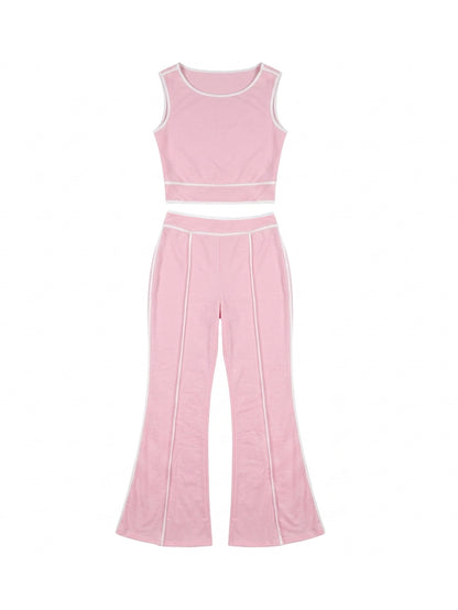 One Shoulder Stripe Trim Wide Leg Pants Set