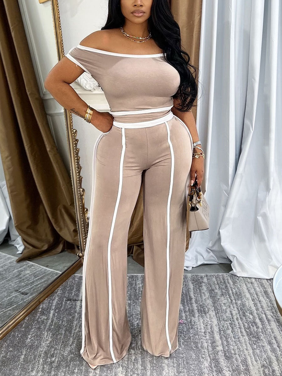 One Shoulder Stripe Trim Wide Leg Pants Set