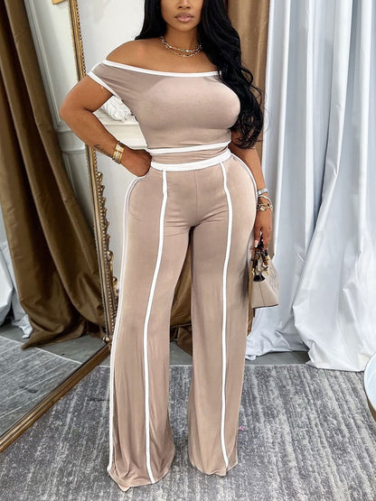 One Shoulder Stripe Trim Wide Leg Pants Set