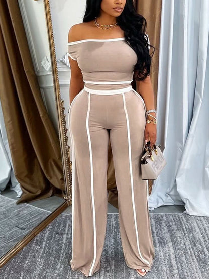 One Shoulder Stripe Trim Wide Leg Pants Set