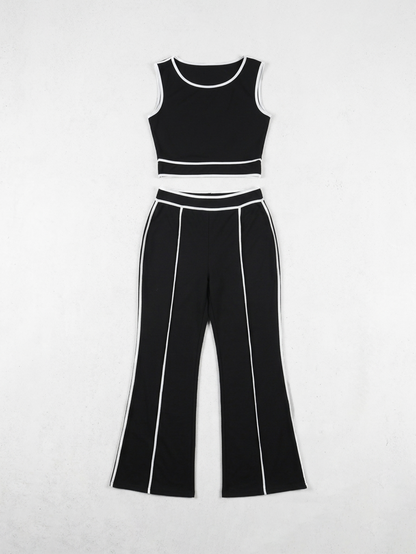 One Shoulder Stripe Trim Wide Leg Pants Set