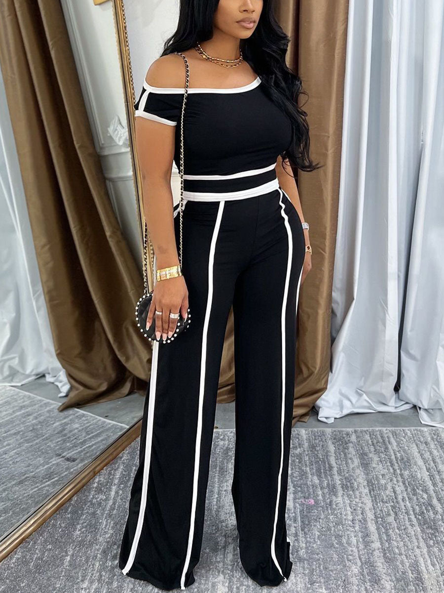 One Shoulder Stripe Trim Wide Leg Pants Set