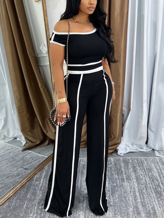 One Shoulder Stripe Trim Wide Leg Pants Set