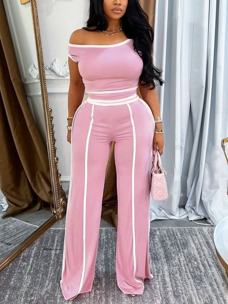 One Shoulder Stripe Trim Wide Leg Pants Set