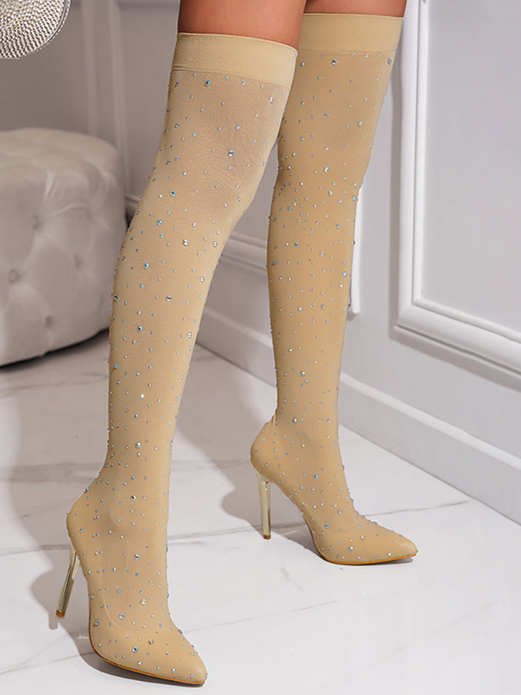 Rhinestone Embellished Stretch Mesh Boots