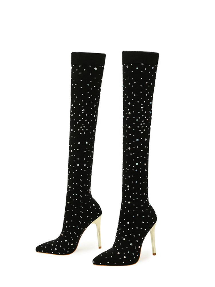 Rhinestone Embellished Stretch Mesh Boots