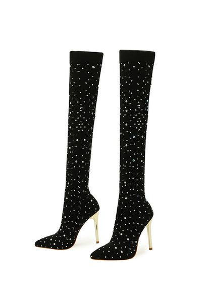 Rhinestone Embellished Stretch Mesh Boots