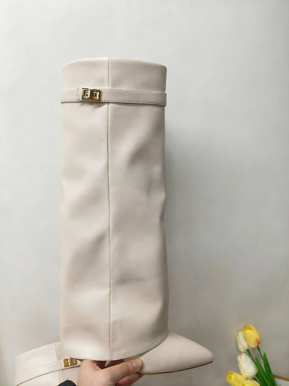 Metal Buckle Pointed Toe Knee High Boots