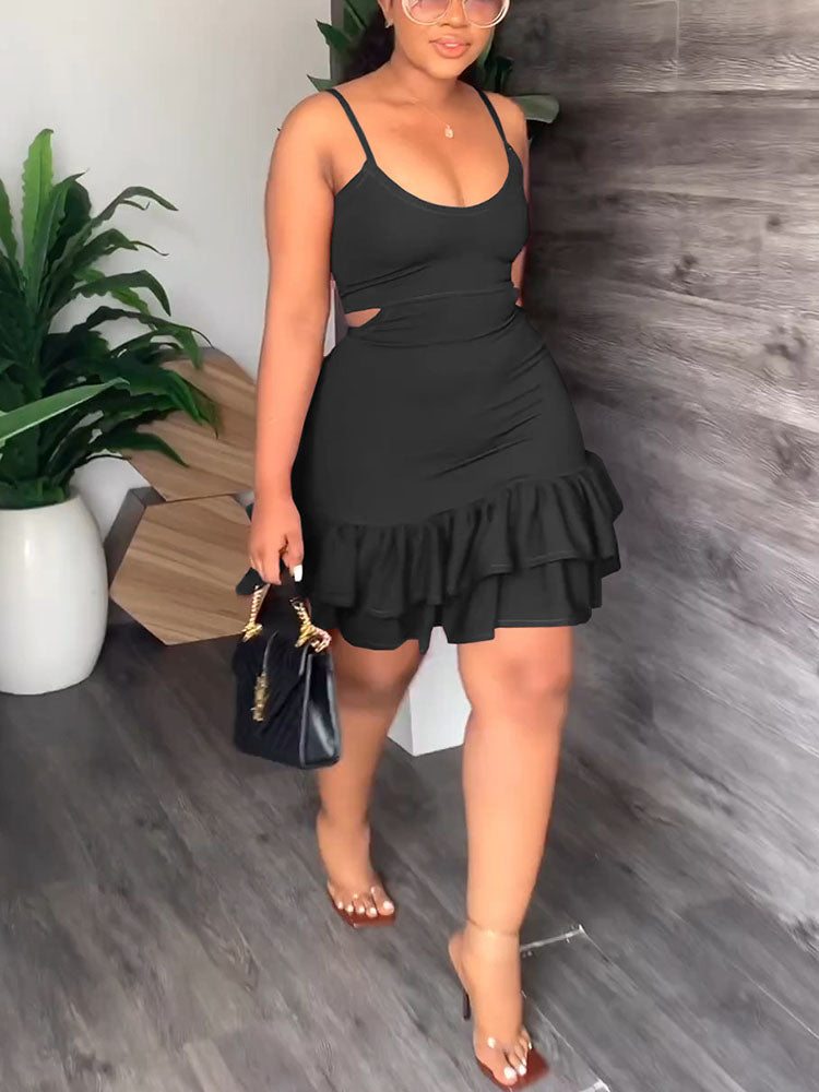 Spaghetti Strap Cut Out Ruffle Mini Dress